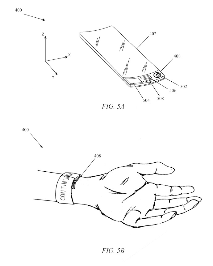 Une illustration de la demande de brevet d'Apple. La firme de Cupertino s'intéressait à l'époque à un écran flexible qui s'enroule autour du poignet comme une montre « slap ». L'électronique et la batterie seraient regroupées à la base de l'écran.