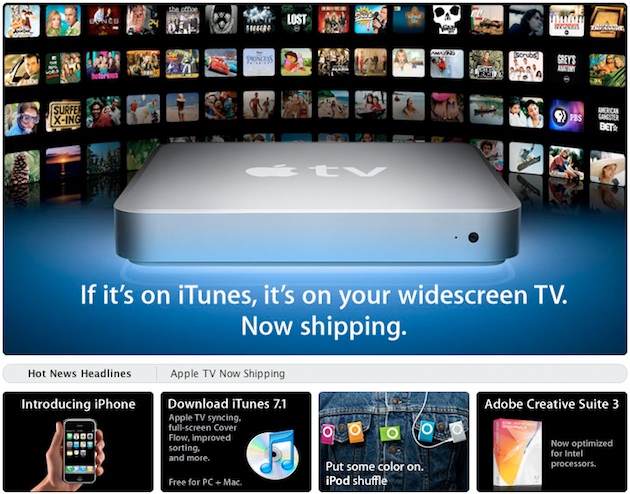 La page d'accueil du site d'Apple après la nouvelle présentation de l'Apple TV en janvier 2007. Il avait été présenté une première fois en septembre 2006 sous le nom d’iTV ; sous la pression de la chaîne britannique du même nom, Apple a dû l’abandonner.
