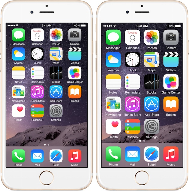 À gauche, l'iPhone 6 Plus en mode standard : il affiche plus de contenu que l'iPhone 6. À droite, en mode zoom : il affiche des éléments plus gros que l'iPhone 6.