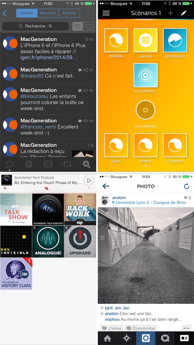 Tweetbot, Hue, Pocket Casts et Instagram sur iPhone 6 Plus. Ces applications vont devoir mettre à jour, notamment Pocket Casts, dont l'interface « casse » souvent sur iPhone 6 Plus.
