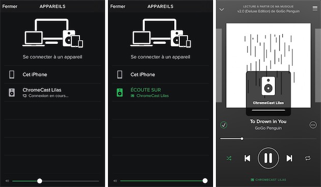 Ici dans Spotify, le Chromecast Audio est présenté comme n’importe quel autre appareil dans les options de lecture. La connexion est instantanée, et le volume peut ensuite être contrôlé avec les boutons de l’iPhone.
