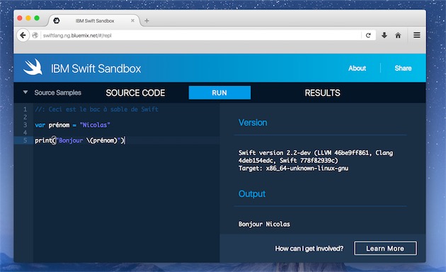 IBM propose déjà une fonction similaire au « Playground » de Xcode, mais dans un navigateur. Un projet impossible sans l’ouverture de Swift à Linux.