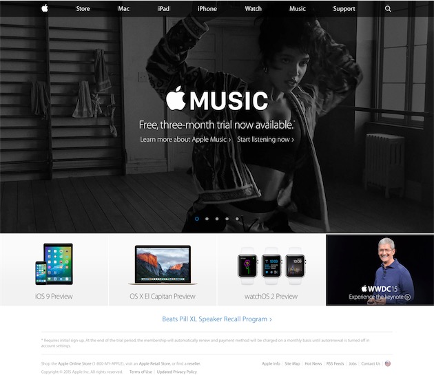 Apple Music sur le site d’Apple, ici le 30 juin 2015. L’onglet « Music » remplace l’onglet « iPod », et le système de carrousel fait son retour, semble-t-il définitif.