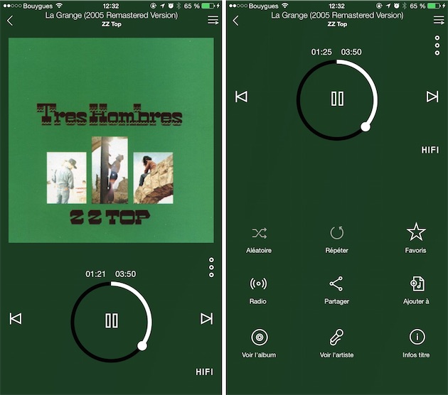 L'interface du lecteur sur iPhone, avec la mention « HIFI » qui indique une source lossless. Les boutons supplémentaires permettent de créer une radio, d'ajouter le morceau à une liste de lecture ou encore d'afficher des informations complémentaires.