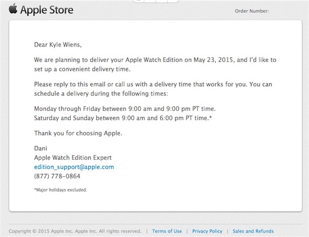La confirmation d'expédition reçue par Kyle Wiens. Le patron d'iFixit comptait démonter son Apple Watch Edition… mais s'est finalement dégonflé. Il la retournera à Apple et se fera rembourser.