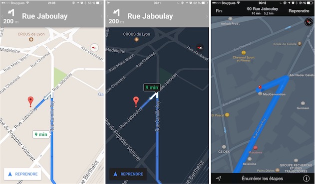 De gauche à droite : l’affichage classique de Google Maps, l’affichage sombre de Google Maps, et l’affichage sombre de Plans.