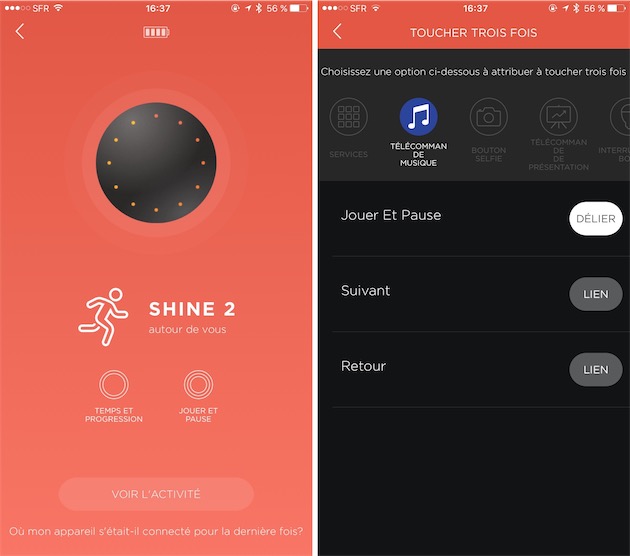 Le Shine 2 peut fonctionner comme télécommande domotique. Ici, on met en pause et on relance la lecture sur l’iPhone, mais on peut aller beaucoup plus loin si on le souhaite.