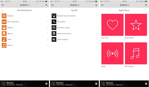 Apple Music a bénéficié de plus grosses icônes, mais l’interface est par ailleurs identique pour Google Play Music (gauche), Spotify (centre) ou Apple Music (droite).
