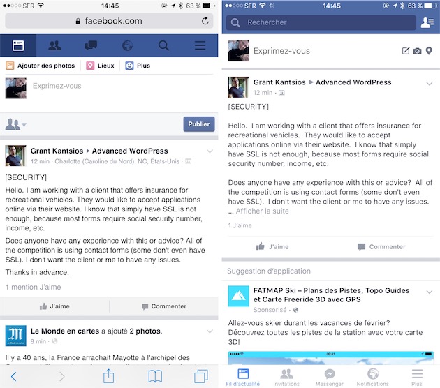 Facebook dans Safari (gauche) et l’application iOS (droite)