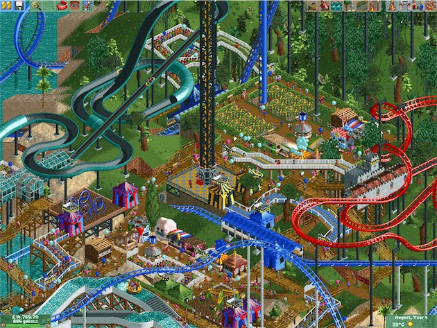 RollerCoaster Tycoon 2 avec un parc bien rempli