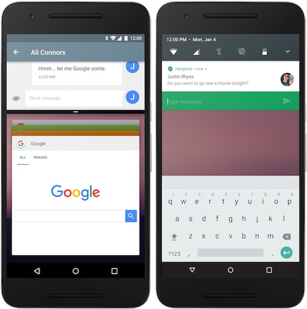 Android N sur un smartphone : à gauche, le partage d’écran à l’horizontale. À droite, une autre des nouveautés attendues : la possibilité de répondre rapidement depuis une notification.