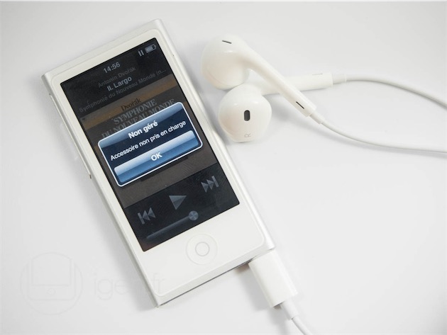 Le message est clair : les EarPods Lightning ne sont pas « pris en charge » par l’iPod nano.