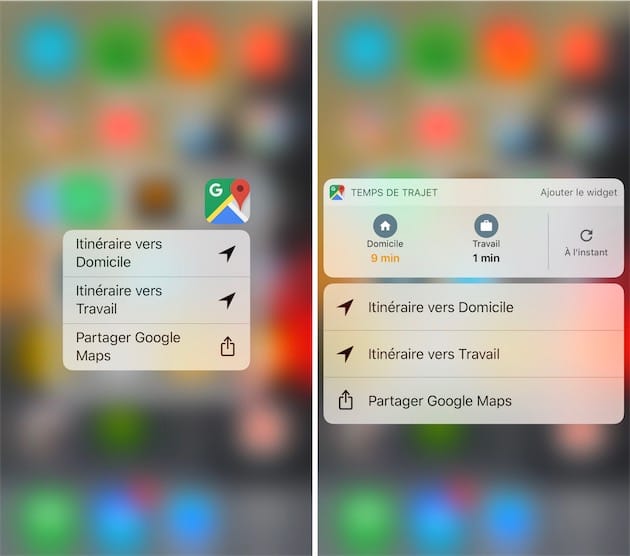 Avant et après : le widget affiche immédiatement le temps de trajet, sans avoir à ouvrir l’app et calculer l’itinéraire.
