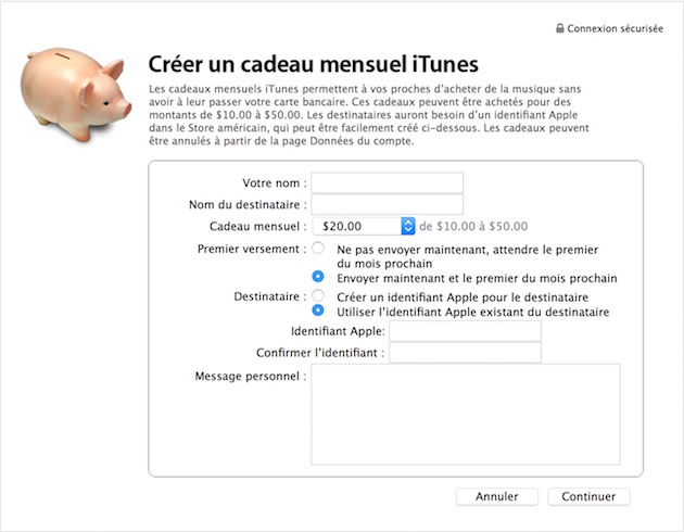 Formulaire qui permettait de créditer tous les mois un compte iTunes.