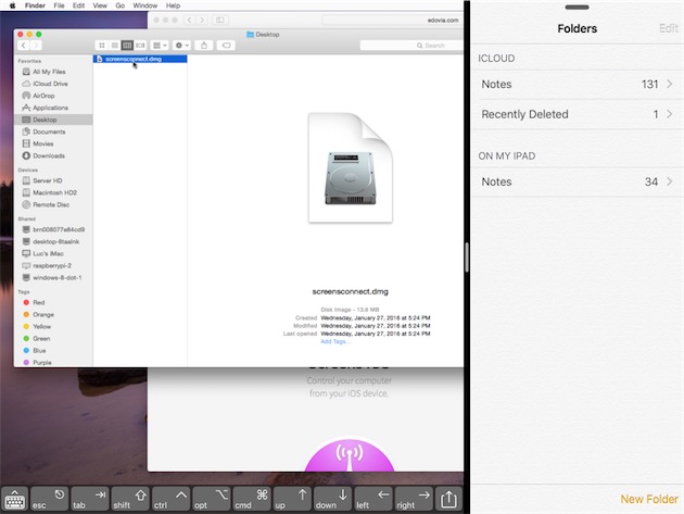 Screens (à gauche) peut désormais partager son écran sur un iPad. Ici, avec Notes. 