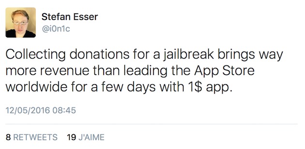 « Collecter des dons pour un jailbreak rapporte bien plus d’argent qu’être à la tête de l’App Store pendant plusieurs jours avec une app à 1 $. » / Tweet original