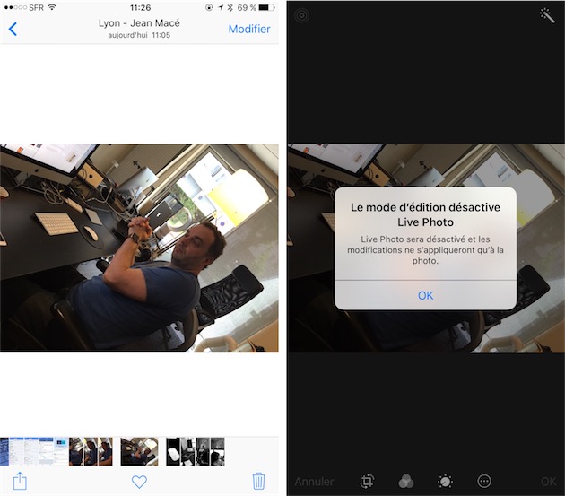On peut modifier une Live Photo, mais iOS retire alors la vidéo associée à la photo… dommage.