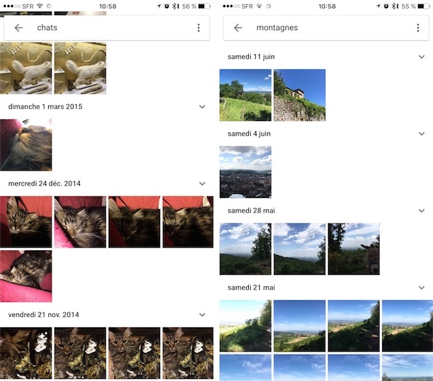 Deux exemples de recherche de contenu sur Google Photos : des chats et des montagnes.