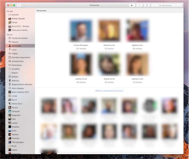 La reconnaissance faciale existait déjà sur Mac, et macOS Sierra récupère les résultats précédents, ce qui évite d’avoir à refaire l’analyse. Seule l’interface change. — Cliquer pour agrandir