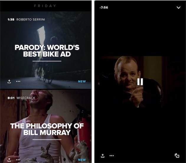 L’interface de Hyper fait la part belle aux contenus sélectionnés. À gauche, l’écran d’accueil avec les dix vidéos du jour. À droite, une vidéo pendant la lecture. 