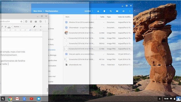 Chrome OS simplifie l’organisation des fenêtres quand on les colle sur le côté. Ici, on la fenêtre occupera la moitié de l’écran.