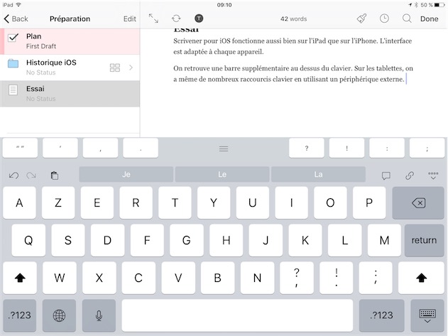 Scrivener et son clavier modifié, ici sur un iPad 9,7 pouces.