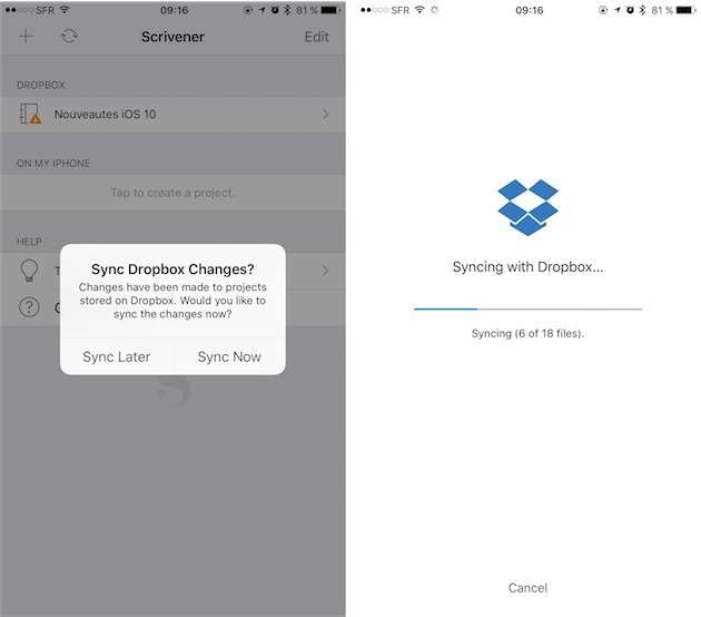 Synchronisation des données, ici sur l’iPhone. Au démarrage, l’app propose d’elle-même de mettre à jour les informations en cas de changement du côté de Dropbox.