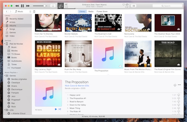 iTunes 12.5 avec la nouvelle icône en haut et la nouvelle pochette pour les albums sans pochette. — Cliquer pour agrandir