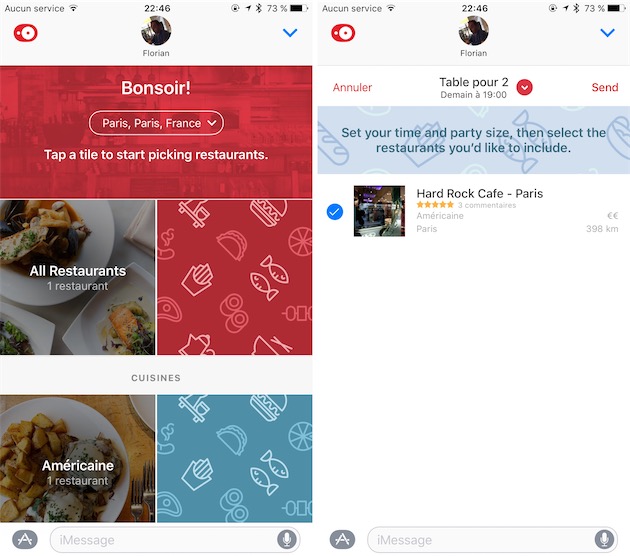 OpenTable dans Messages permet de chercher un restaurant et de suggérer une réservation à ses amis. 