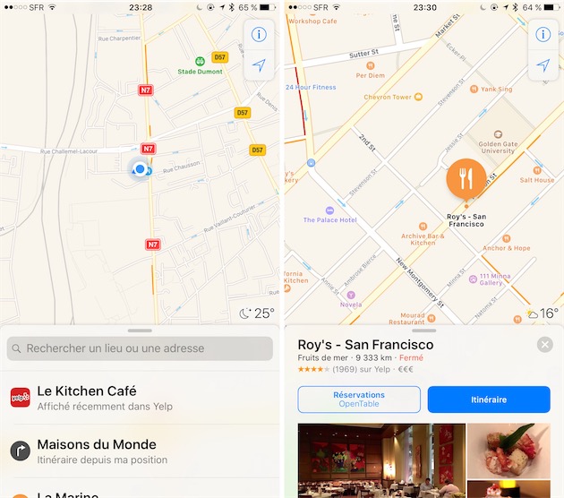 À gauche, l’intégration de Yelp : le dernier lieu affiché dans l’app est directement accessible depuis la recherche. À droite, réservation d’une table dans un restaurant sans quitter Plans.