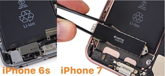 Cette comparaison montre bien pourquoi l'iPhone 7 se passe de prise jack et de bouton d'accueil physique. Désormais, toute la largeur sous la batterie est dédiée au moteur Taptic Engine qui est énorme, par rapport à celui des iPhone 6s. Cliquer pour agrandir