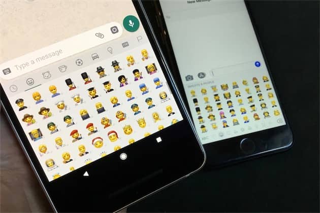 Nouveaux emojis sur le Pixel 2 au premier plan, les emojis d’Apple sur l’iPhone à l’arrière-plan. Cliquer pour agrandir