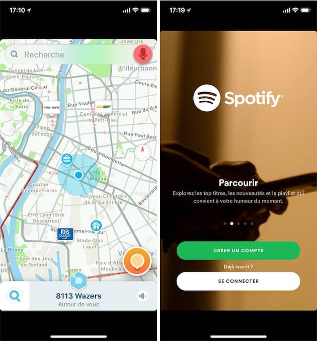 Deux apps qui ne sont pas encore optimisées et qui s’affichent avec des bordures : Waze à gauche, Spotify à droite. Cliquer pour agrandir