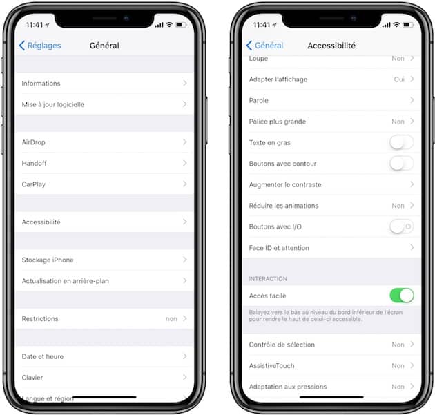 L’accès facile n’est pas actif par défaut sur l’iPhone X, il doit préalablement être activé dans les réglages d’accessibilité. Cliquer pour agrandir