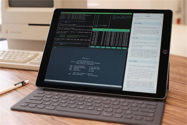 Un iPad Pro en mode développement, avec l’essentiel de son écran qui affiche un terminal. Cliquer pour agrandir