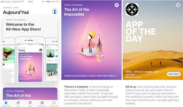 L'App Store dans iOS 11. De gauche à droite : l'onglet Aujourd'hui, un article dédiée à une application, et l'« application du jour ».
