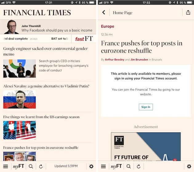 La nouvelle app du Financial Times sur un iPhone. Cliquer pour agrandir