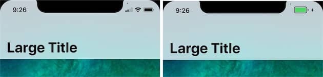 Quand l’iPhone est branché, la batterie passe en vert et surtout elle est agrandie pendant quelques secondes, effaçant les autres icônes. Cliquer pour agrandir