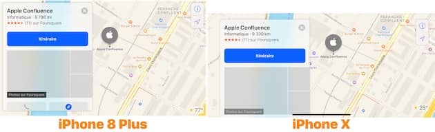 L’iPhone X affiche plus de contenu sur la carte, mais un petit peu moins sur la fiche du lieu, sur la gauche de l’écran. Cliquer pour agrandir